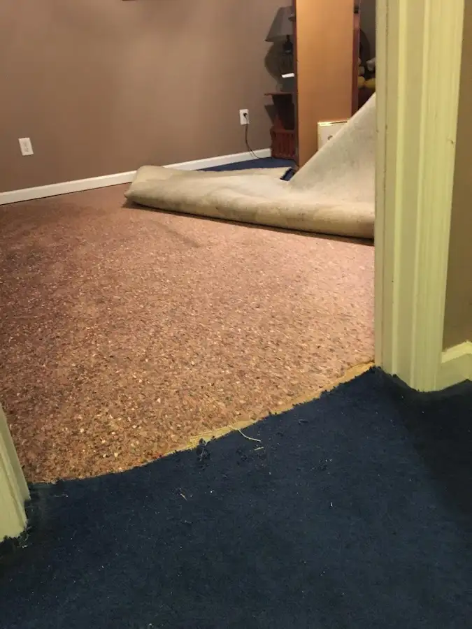Carpet pad removal revealing water damage during Drying & Dehumidification in Sparta